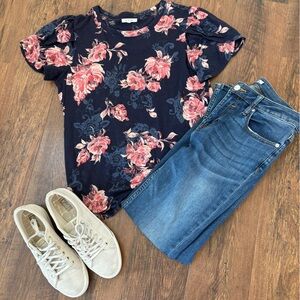 Maurices Navy and Pink Floral Shirt with flutter sleeves